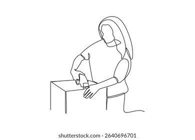 one continuous line draw of The female courier glued the box with duct tape. Courier activity minimalist concept. Delivery at simple line design.