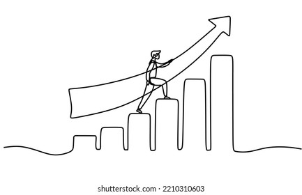 One continuous line draw graph up with progress chart. Single line diagram vector illustration. Minimalist style.