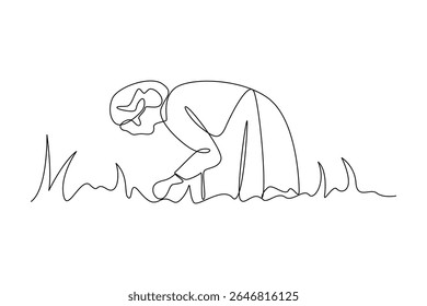 one continuous line draw of male bent down to pick up the harvest. Farmer minimalist concept. Harvest time concept. Harvesting.
