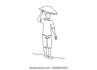 one continuous line draw of man carry crops on their heads. Farmer minimalist concept. Harvest time concept. Harvesting.