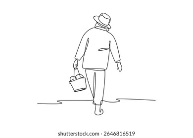 one continuous line draw of people walking while carrying the apple harvest. Farmer minimalist concept. Harvest time concept. Harvesting.