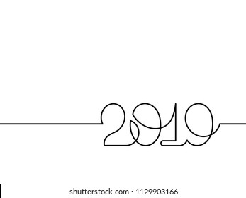One continuous line drawing 2019. Vector new year illustration isolated on white background.