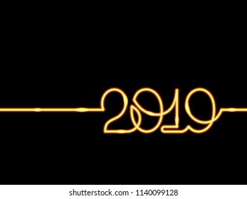One continuous line drawing 2019. Vector new year illustration on black background. Golden neon effect.