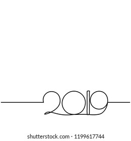 One continuous line drawing 2019. Vector new year illustration isolated on white background