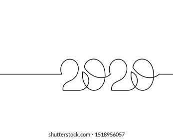 One continuous line drawing 2020. Vector new year illustration isolated on white background.