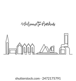 One continuous line drawing of Aarhus skyline vector illustration. Modern city in Europe in simple linear style vector design concept. One of big city in Denmark. Iconic architectural building design.