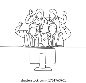 One continuous line drawing about group of marketing team celebrating and hugging each other for their successful goal achievement. Work celebration concept single line draw design vector illustration