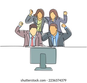 Una línea contínua dibujando acerca de un grupo de equipos de marketing celebrando y abrazándose entre ellos por su exitoso logro de objetivos. Concepto de celebración de trabajo dibujo de línea única ilustración vectorial
