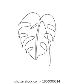 One continuous line drawing abstract tropical monstera leaf. Minimal natural botany eco concept. Home wall decor, poster, tote bag, fabric print. Single line draw design graphic vector illustration