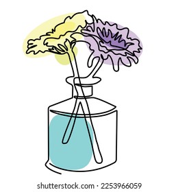 one continuous line drawing of abstract flower in a vase, isolated, colored. modern design, concept, logotype, floral