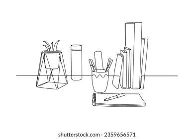 One continuous line drawing of accessories and office equipment concept. Doodle vector illustration in simple linear style. 
