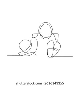 One continuous line drawing of Accessories at the beach vector design illustration. Summer holiday themes design in simple linear continuous style vector concept. Suitable for education design purpose