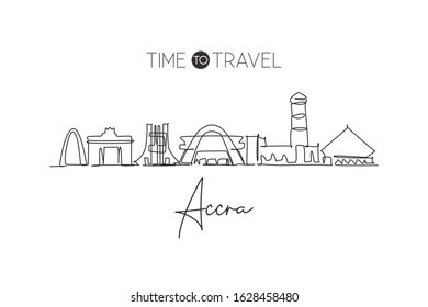 One continuous line drawing Accra city skyline, Ghana. Beautiful landmark. World landscape tourism travel vacation postcard print. Editable stylish stroke single line draw design vector illustration