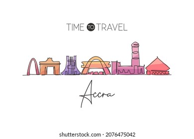 One continuous line drawing Accra city skyline, Ghana. Beautiful landmark. World landscape tourism travel vacation postcard print. Editable stylish stroke single line draw design vector illustration