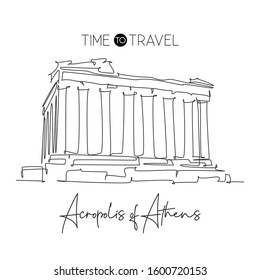 One continuous line drawing Acropolis landmark. Old historical city building in Athens, Greek. Holiday vacation wall decor art poster print concept. Modern single line draw design vector illustration