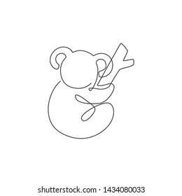 One continuous line drawing of adorable koala on tree for national zoo logo identity. Little bear from Australia mascot concept for conservation park icon. Single line draw design vector illustration