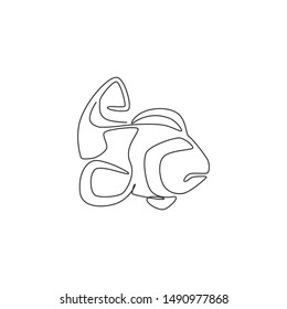 One continuous line drawing of adorable clown fish for sea world logo identity. Percula anemoneshow mascot concept for aquatic show icon. Single line graphic draw design vector illustration