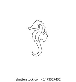 One continuous line drawing of adorable sea horse for logo identity. Little sea monster creature mascot concept for sea world icon. Modern single line draw design vector illustration