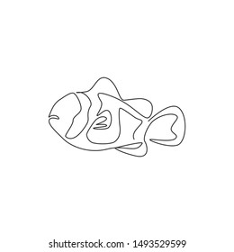 One continuous line drawing of adorable clown fish for sea water aquarium logo identity. Stripped anemonefish mascot concept for aquatic show icon. Modern single line draw design vector illustration