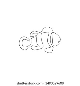 One continuous line drawing of adorable clown fish for sea water aquarium logo identity. Stripped anemonefish mascot concept for aquatic show icon. Modern single line draw design vector illustration