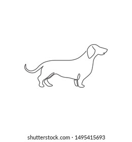 One continuous line drawing of adorable dachshund dog for logo identity. Purebred dog mascot concept for pedigree friendly pet icon. Modern single line draw design vector graphic illustration