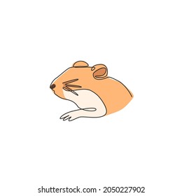 One continuous line drawing of adorable hamster head for logo identity. Rat family animal mascot concept for hamster farm icon. Modern single line draw design vector illustration