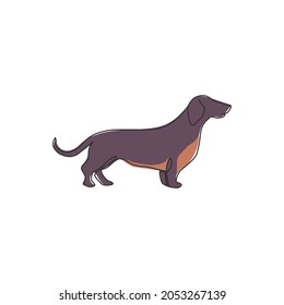 One continuous line drawing of adorable dachshund dog for logo identity. Purebred dog mascot concept for pedigree friendly pet icon. Modern single line draw design vector graphic illustration