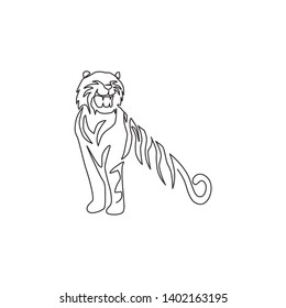 One continuous line drawing of African tiger for company logo identity. Strong feline mammal animal mascot concept for national safari zoo. Trendy single line draw design vector graphic illustration