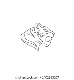 One continuous line drawing of African tiger head for company logo identity. Strong feline mammal animal mascot concept for national safari zoo. Single line draw vector graphic design illustration