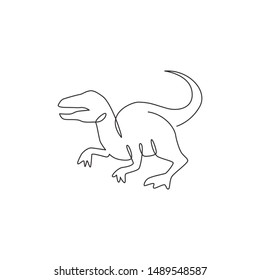 One continuous line drawing of aggressive predator velociraptor animal for logo identity. Raptor rex mascot concept for prehistoric museum icon. Single line draw design vector graphic illustration