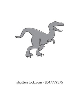One continuous line drawing of aggressive raptor animal for logo identity. Dinosaurs mascot concept for prehistoric museum icon. Dynamic single line draw design vector graphic illustration
