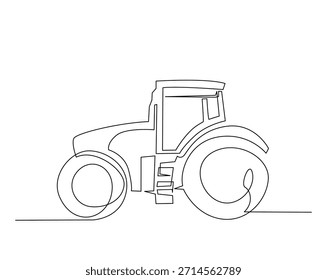 Un dibujo de línea continua de tractor agrícola. Ilustración de dibujo de contorno de tractor de agricultor. 