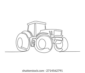 Un dibujo de línea continua de tractor agrícola. Ilustración de dibujo de contorno de tractor de agricultor. 