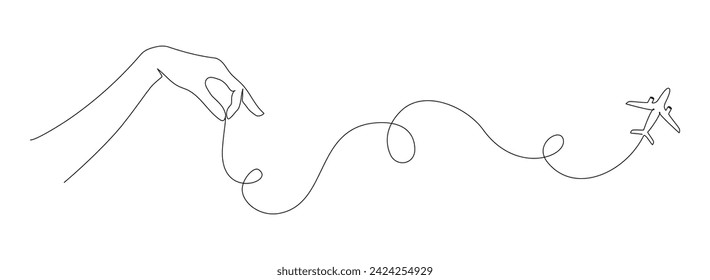 One continuous line drawing of Airplane with hand. Business Concept of world travel and international flight airline with trace in simple linear style. Editable stroke. Doodle Vector illustration