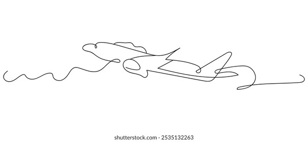 One continuous line drawing of Airplane path. Business Concept of world travel and international flight airline in simple linear style. Air plane trip in Editable stroke. Contour vector illustration