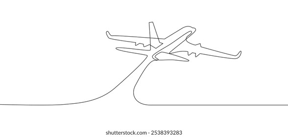 One continuous line drawing of Airplane path. Business Concept of world travel and international flight airline in simple linear style. Aircraft trip.