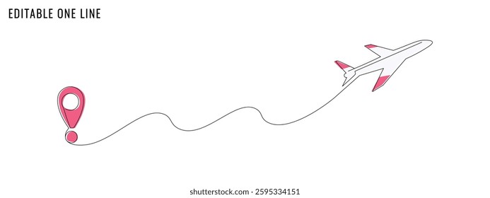 One continuous line drawing of an airplane and a map pin location . A travel concept banner. Editable stroke, simple doodle design, vector illustration