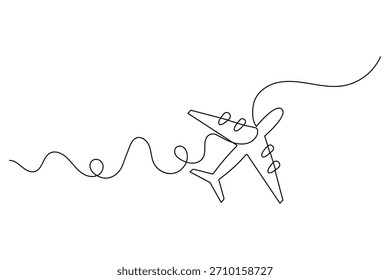 One continuous line drawing airplane flying on wavy path