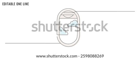 One continuous line drawing of an airplane window, porthole. A travel concept banner. Editable stroke, simple doodle design, vector illustration
