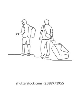 One continuous line drawing of in Airport activity with simple linear style vector illustration. Tourist drawing with Minimalist black linear design isolated concept vector design illustration.
