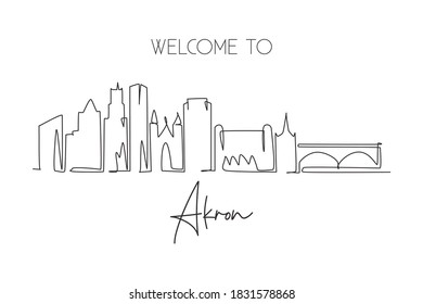 One continuous line drawing of Akron city skyline, Ohio. Beautiful landmark. Beautiful world landscape tourism travel wall decor poster, postcard. Stylish single line draw design vector illustration