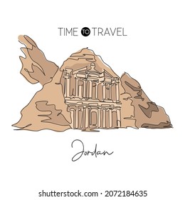 One continuous line drawing Al Khazneh Ancient Greek Petra landmark. Iconic place in Jordan. Holiday vacation home wall decor poster print concept. Modern single line draw design vector illustration