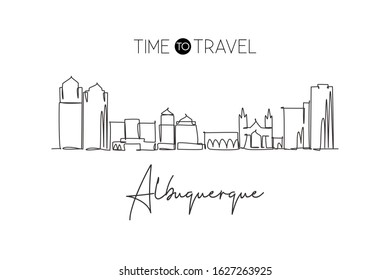 One continuous line drawing of Albuquerque city skyline, New Mexico. Beautiful landmark. World landscape tourism travel poster art. Editable stylish stroke single line draw design vector illustration