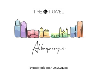 One Continuous Line Drawing Of Albuquerque City Skyline, New Mexico. Beautiful Landmark. World Landscape Tourism Travel Poster Art. Editable Stylish Stroke Single Line Draw Design Vector Illustration