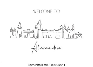 One continuous line drawing of Alexandria city skyline, Egypt. Beautiful city landmark. World landscape tourism and travel vacation. Editable stylish stroke single line draw design vector illustration