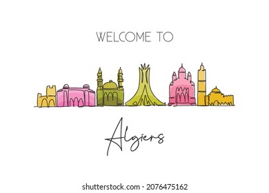 One continuous line drawing of Algiers city skyline, Algeria. Beautiful landmark postcard. World landscape tourism travel vacation. Editable stylish stroke single line draw design vector illustration