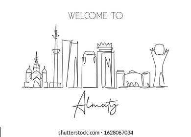 One continuous line drawing of Almaty city skyline, Kazakhstan. Beautiful landmark. World landscape tourism and travel vacation. Editable stylish stroke single line draw design vector illustration