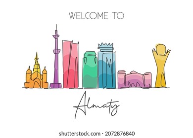 Un contínuo dibujo de la ciudad de Almaty, Kazajistán. Hermoso punto de referencia. Turismo paisajístico mundial y vacaciones de viaje. Dibujo de línea simple de trazo elegante editable ilustración vectorial