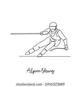 One continuous line drawing of Alpine Skiing sports vector illustration. Alpine Skiing sports design in simple linear continuous style vector concept. Sports themes design for your asset design.