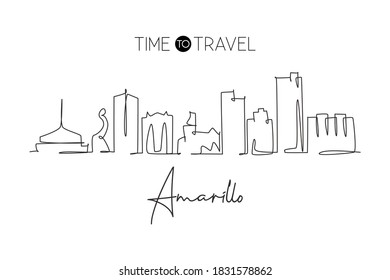 One continuous line drawing of Amarillo city skyline, Texas. Beautiful landmark. World landscape tourism travel wall decor poster, postcard. Stylish single line draw graphic design vector illustration